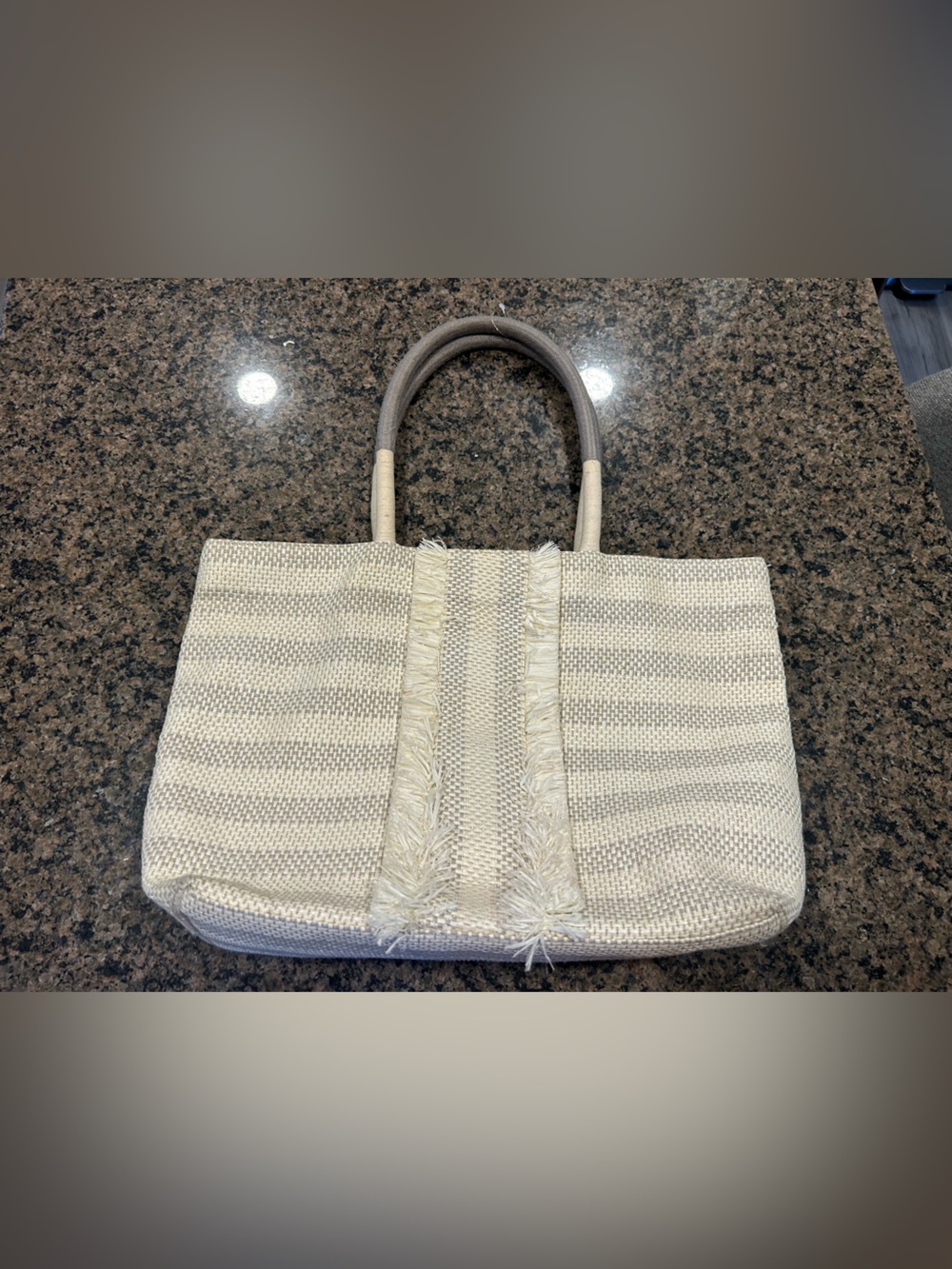 Stella & Dot Cream and Light Gray Striped Woven Tote with Fringe Detail